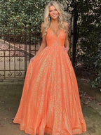 Vestido largo de fiesta con lentejuelas, escote en V y corte en A