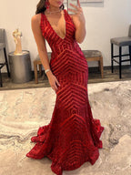 Nina | Robe de bal longue sirène rose à sequins et décolleté plongeant en V | Robe de bal longue à sequins et col V profond Nina