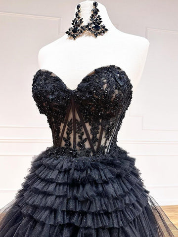 A-Line Sweetheart Tiered Long Tulle Prom Dress