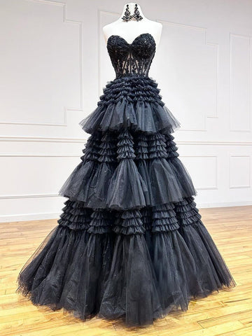A-Line Sweetheart Tiered Long Tulle Prom Dress