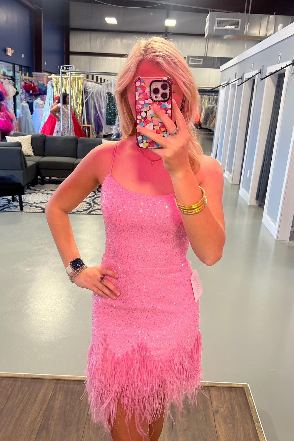 Spaghetti Straps Sequins Bodycon Homecoming Dress with Feather