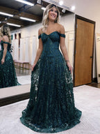 Vestido largo de fiesta verde oscuro con hombros descubiertos estilo sirena y lentejuelas