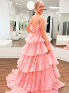Robe de bal bustier trapèze en tulle froissé à volants