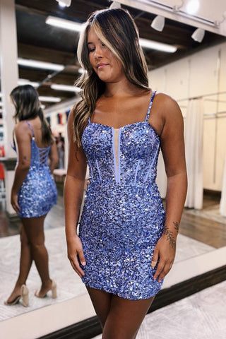 Robe de bal de promo bleu roi à fines bretelles et sequins, style corset, ornée de paillettes et d'un corset à paillettes spaghetti