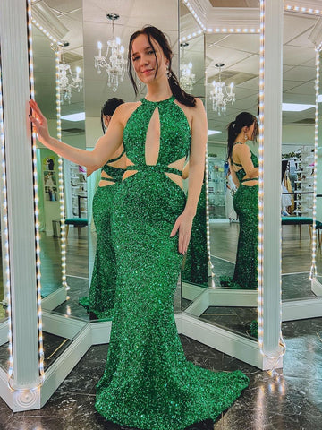 Vestido largo de fiesta verde sirena con espalda descubierta