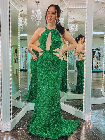 Vestido largo de fiesta verde sirena con espalda descubierta