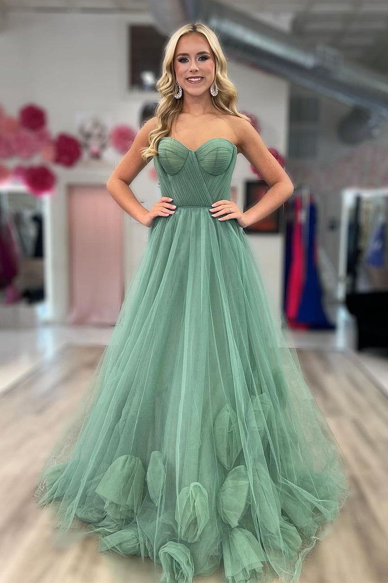 Robes de bal longues en tulle sans bretelles, coupe trapèze