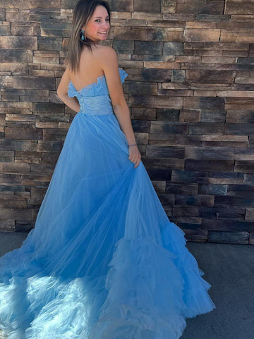 Vestido de fiesta largo de tul rosa sin tirantes, corte en A, con volantes