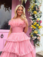 Robe de bal bustier trapèze en tulle froissé à volants