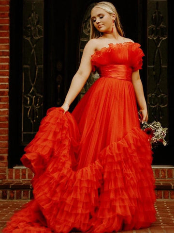 Vestido de fiesta largo de tul rosa sin tirantes, corte en A, con volantes