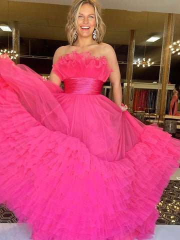 Vestido de fiesta largo de tul rosa sin tirantes, corte en A, con volantes