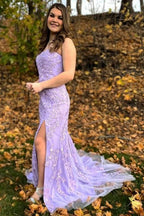 Robe de bal longue sirène bustier en dentelle avec fente