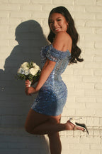 Sparkly Blue Off the Shoulder Sequins Bodycon Short Homecoming Dress