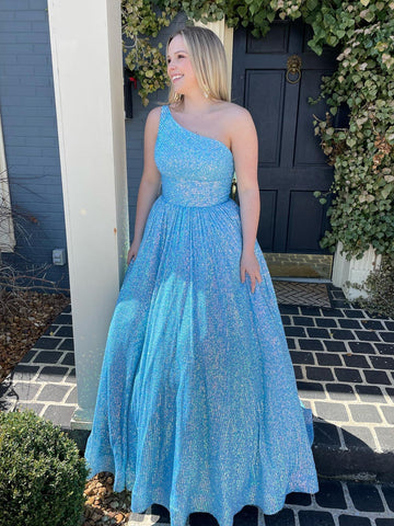 Vestido de fiesta de lentejuelas con un solo hombro, corte en A y bolsillos