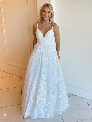 A-line V Neck Sequins Long Prom Dress