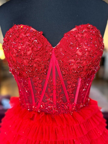 A-Line Sweetheart Tiered Long Tulle Prom Dress