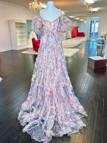 Sydney | Robe de bal longue en tulle imprimé coupe trapèze, décolleté cœur