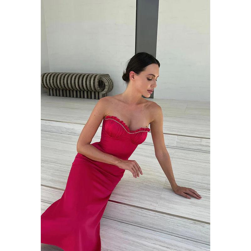 Vestido de fiesta de noche midi de satén fruncido con cuentas, sin mangas y sin tirantes con escote corazón 