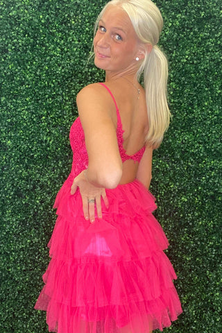 Spaghetti Straps A-Line Tulle Tiered Homecoming Dress with Appliques