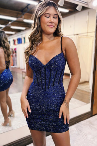Sparkly Spaghetti Straps Navy Bodycon Corset Homecoming Dress with Beading