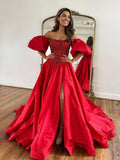 Vestido de graduación de tafetán corte A con hombros descubiertos y mangas cortas abullonadas