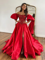 Vestido de graduación de tafetán corte A con hombros descubiertos y mangas cortas abullonadas