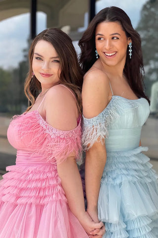 Cold Shoulder A-Line Tulle Tiered Short Homecoming Dress with Feather