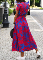 New V Neck Print Side Open Tie Waist Cotton Dress Summer