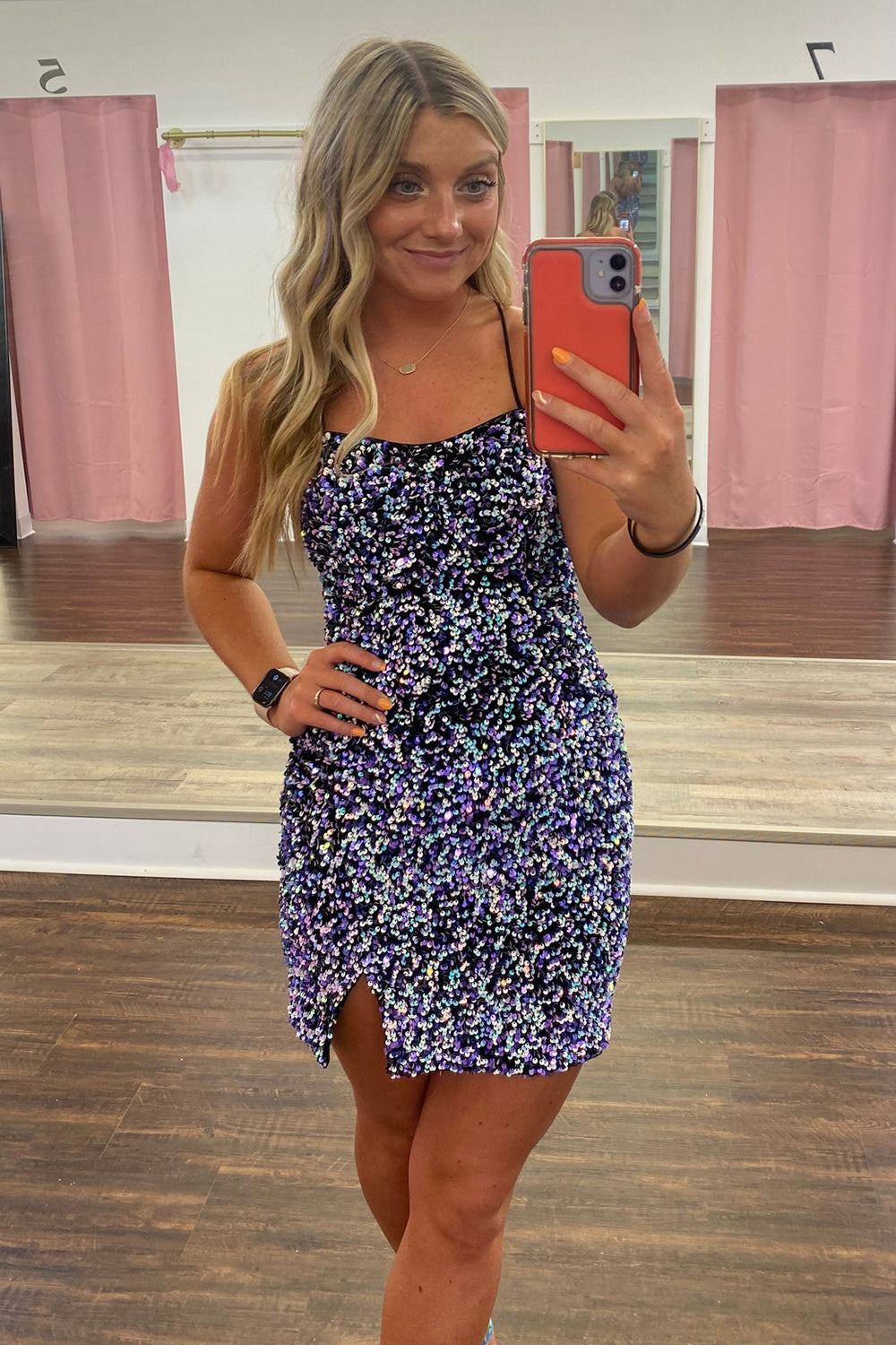 Sparkly Purple Spaghetti Straps Sequins Bodycon Homecoming Dress