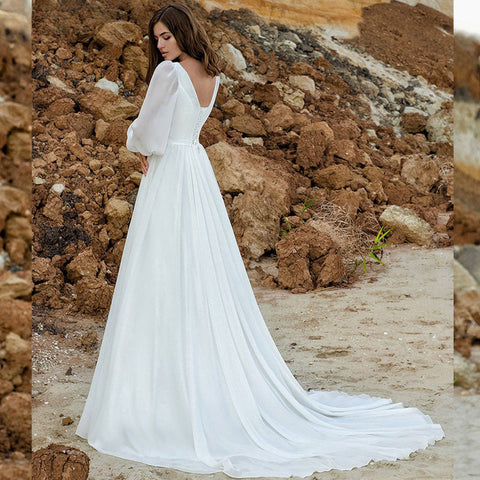 Puff Sleeve Wedding Dresses Women Vestido De Novia Long Chiffon Elegant V-Neck A-Line Backless Bridal Gown Robe Mariée