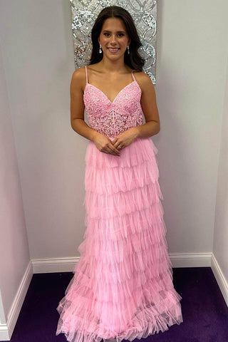 A-Line Tiered Tulle Long Prom Dress with Lace