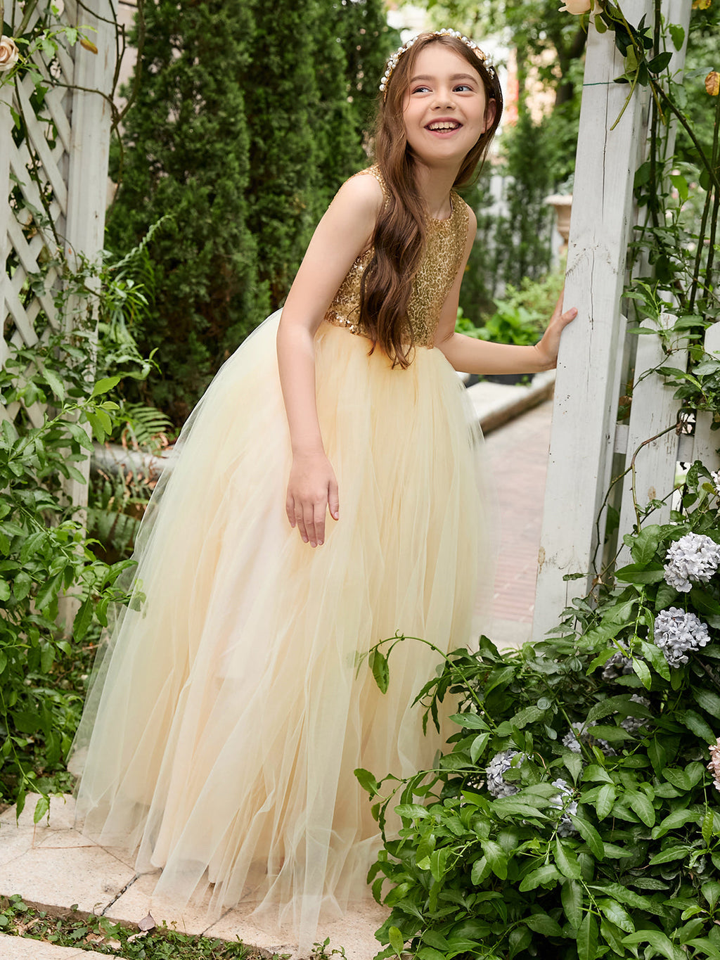 Vestido de princesa/de princesa de tul hasta el suelo para niña de las flores, color champán 