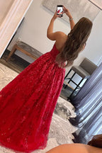 Vestido largo de fiesta rojo sin tirantes de corte A