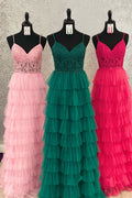 Vestido largo de fiesta de tul con volantes y corte en A con encaje
