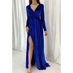 Vestido de noche largo y sencillo de terciopelo con escote en V y mangas largas, sexy y atractivo. 