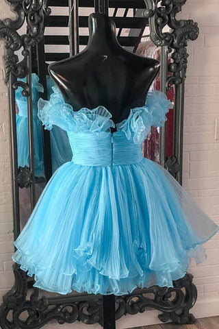 Vestido corto de fiesta sin tirantes, corte en A y con volantes