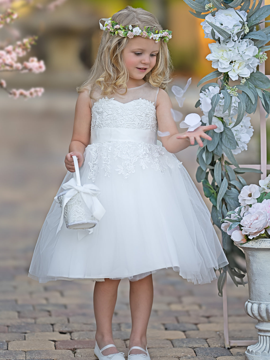 Vestido de niña de las flores para la Primera Comunión, de tul y encaje hasta la rodilla 