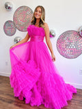 Vestido de fiesta largo de tul rosa sin tirantes, corte en A, con volantes