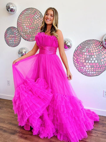 Vestido de fiesta largo de tul rosa sin tirantes, corte en A, con volantes