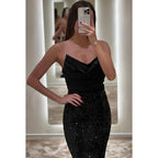Robe de soirée longue en satin à paillettes et col en V, sans bretelles, froncée