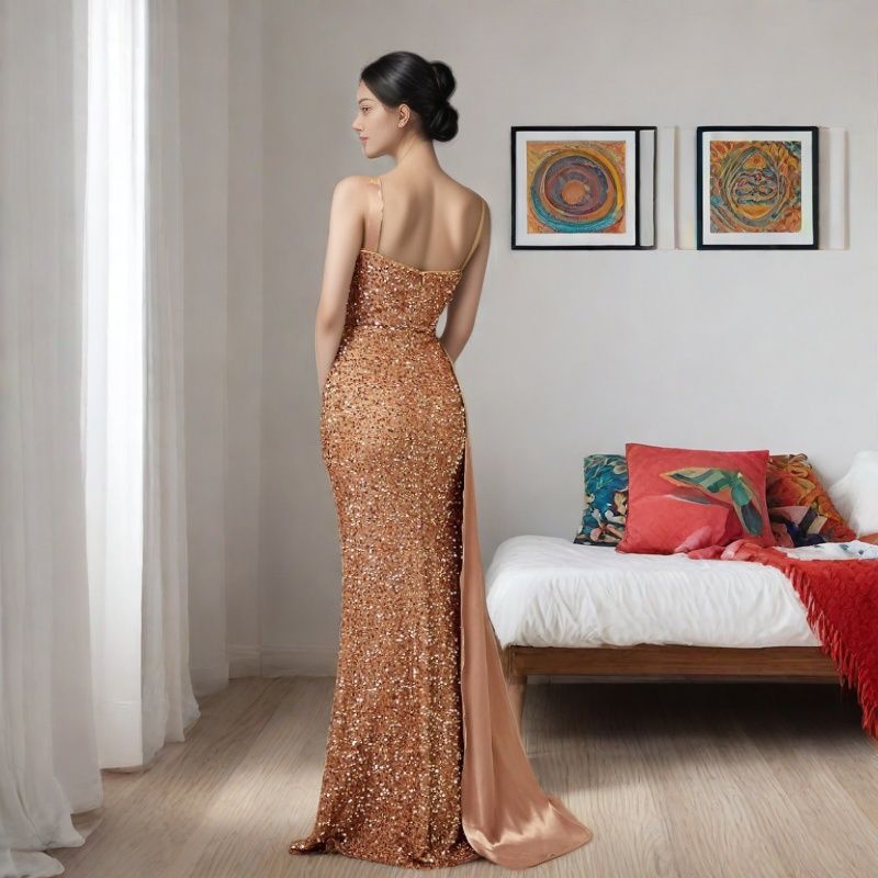 Vestido de sirena de lentejuelas sin espalda para baile de graduación 