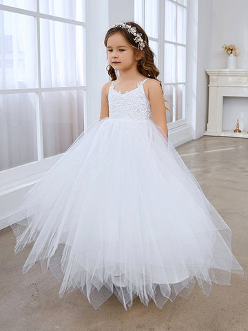 Ball-Gown/Princess Lace Tulle Floor-length White Dress (010145213)