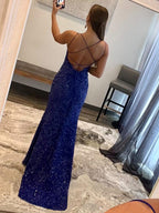 Vestido de fiesta largo de lentejuelas con tirantes finos estilo sirena
