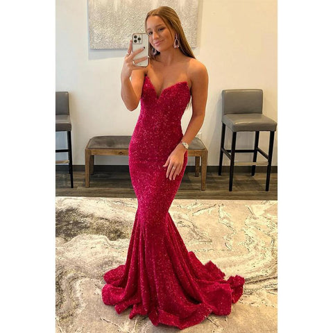 Robe de bal longue sirène sexy à col en V et paillettes