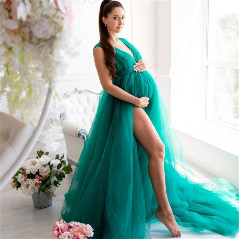 Vestido de maternidad con escote en V y abertura alta para barriga grande, vestido de tul, vestido largo de noche de malla drapeada para embarazadas