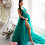 Vestido de maternidad con escote en V y abertura alta para barriga grande, vestido de tul, vestido largo de noche de malla drapeada para embarazadas