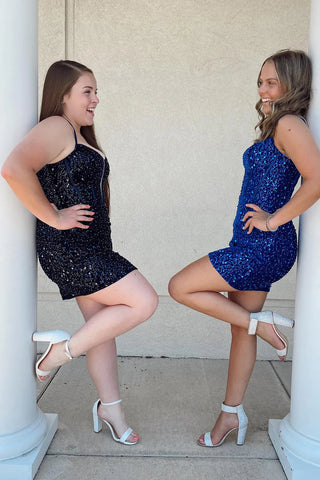 Sparkly Royal Bodycon Spaghetti Straps Sequins Corset Short Homecoming Dress