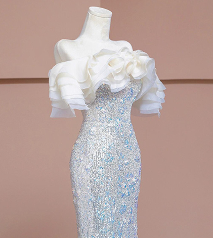 Vestido de fiesta de lujo plateado con lentejuelas y pedrería estilo sirena, vestido de noche formal Y7614