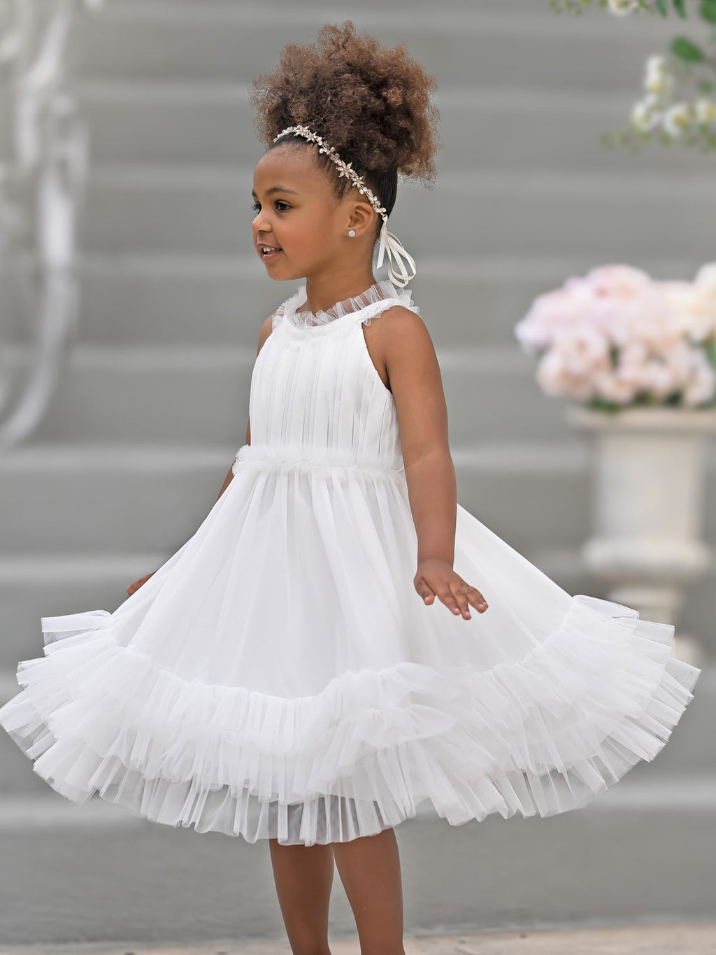 Vestido de niña de las flores color marfil hasta la rodilla, de tul y gasa 