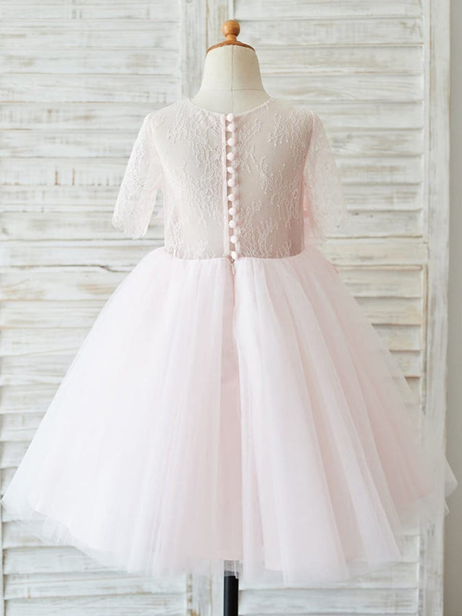 Vestidos de niña de las flores en 3D, corte en A, mangas 1/2, encaje y tul, hasta la rodilla 